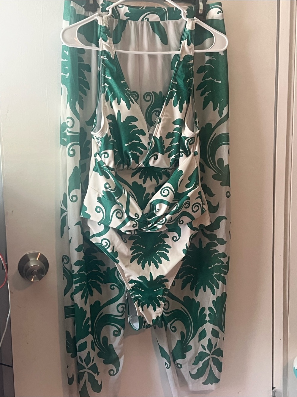 Green and White Floral One-Piece Swimsuit with Cover-Up